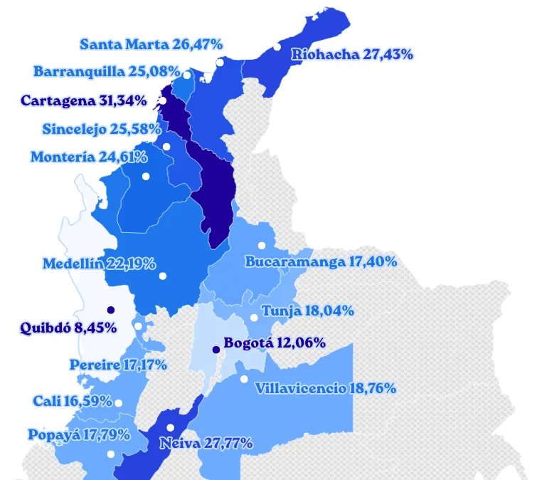 Grafico con la rentabilidad de paneles solares residenciales por ciudad en Colombia en 2026 (TIR promedio)